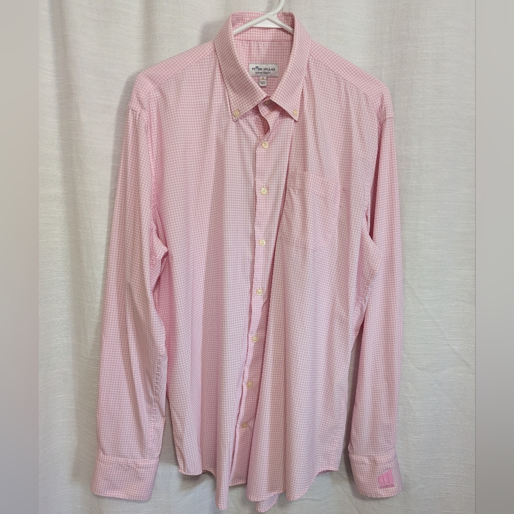 Peter Millar Summer Comfort Pink White Gingham Long sleeve Button Down Men's L